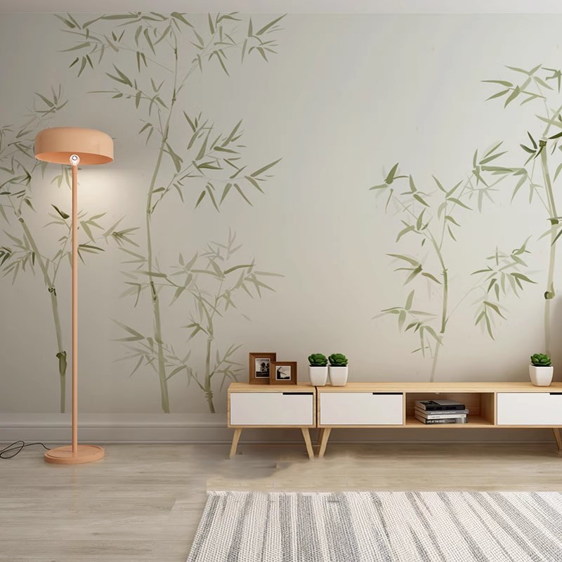 新中式素色水e墨竹子电视背景墙纸壁画3d茶室书房卧室壁纸无缝墙