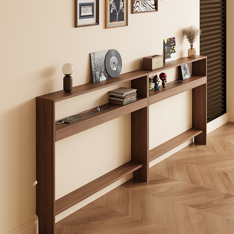 超窄沙发背储物架实木t门后壁挂式长柜双层带插座的床头书架