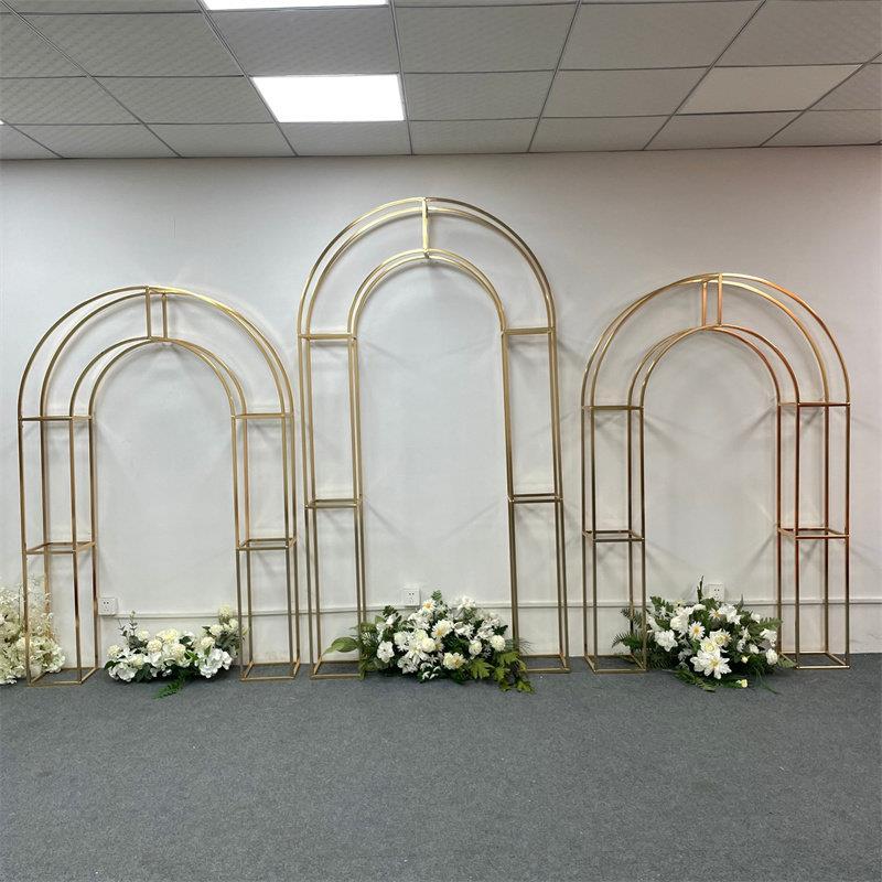 新款婚庆道具镀金铁艺婚礼舞台布置弧形拱门屏风迎宾区摆件背景架