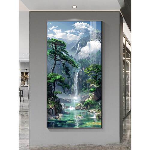 流水生财风景画入户玄关挂画正对门走廊过道装饰画源远流长山水画