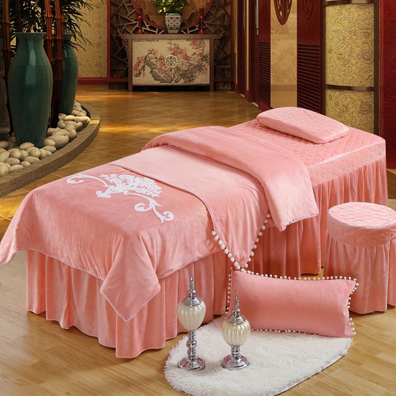 威辉美容床罩四件套纯色水晶绒加厚毛巾绣美O容院按摩床罩欧式简
