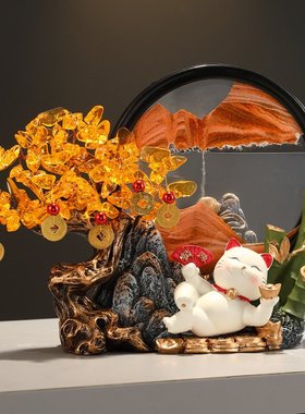 水晶发财树流沙画招财猫摆件客厅玄关前台装饰店铺开业吉乔迁礼品