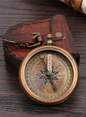 欧式复古黄铜指南针进口怀旧便携式指北针迷你望远镜书房软装摆件