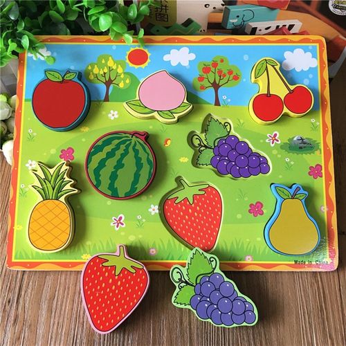 123周岁儿童木质手抓立体拼图 动物交通水果形状数字宝宝早教拼板