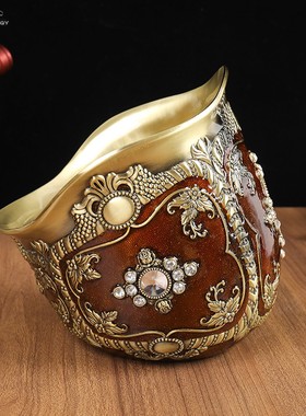 欧式奢华金属雕刻装饰品收纳桶家居客厅茶几干果皮桌面垃圾桶摆件