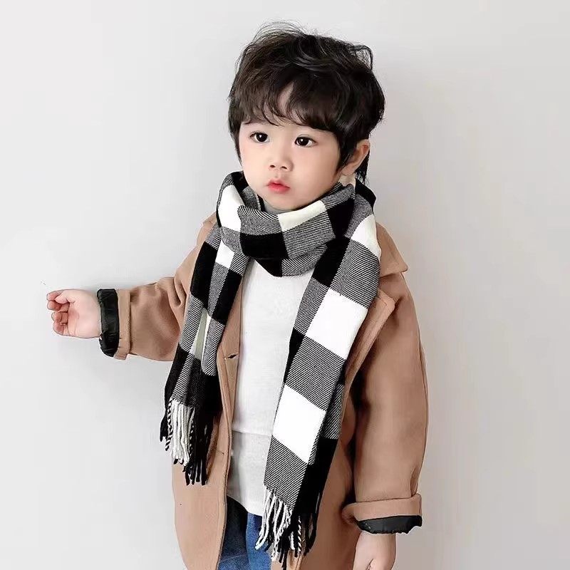 新款儿童围巾男孩冬季宝宝围脖保暖女童小孩仿羊绒黑白格子男女童