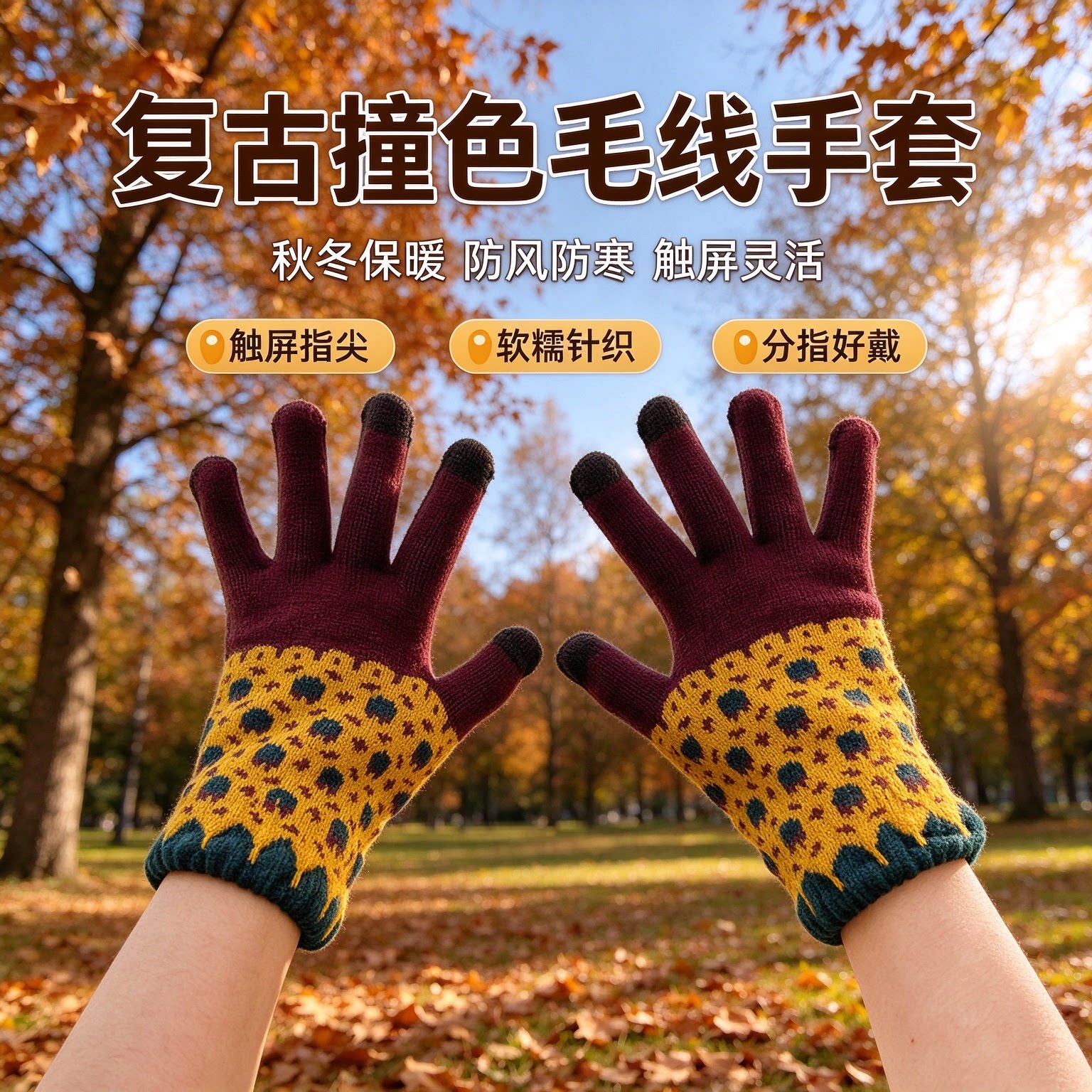冬季女保暖防风触屏骑行五指手套