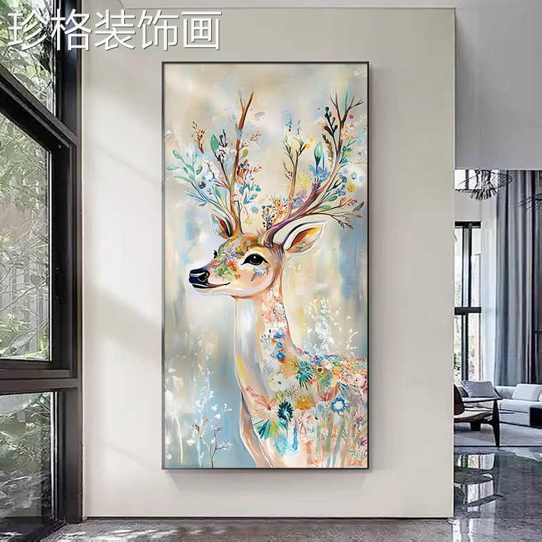 福鹿寓意大芬村好油画饰画入装户玄关装饰画竖版美01366-4道式走图片