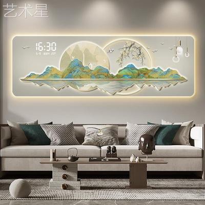 千里江山yw89431图客厅挂饰画式新中钟表钟沙发背景墙装挂画电子