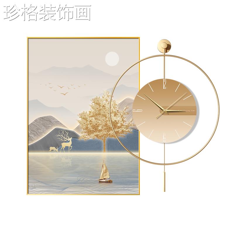 现代轻LWXZ-007餐档厅客装饰画带钟表高山水麋鹿壁奢画创意时钟组图片