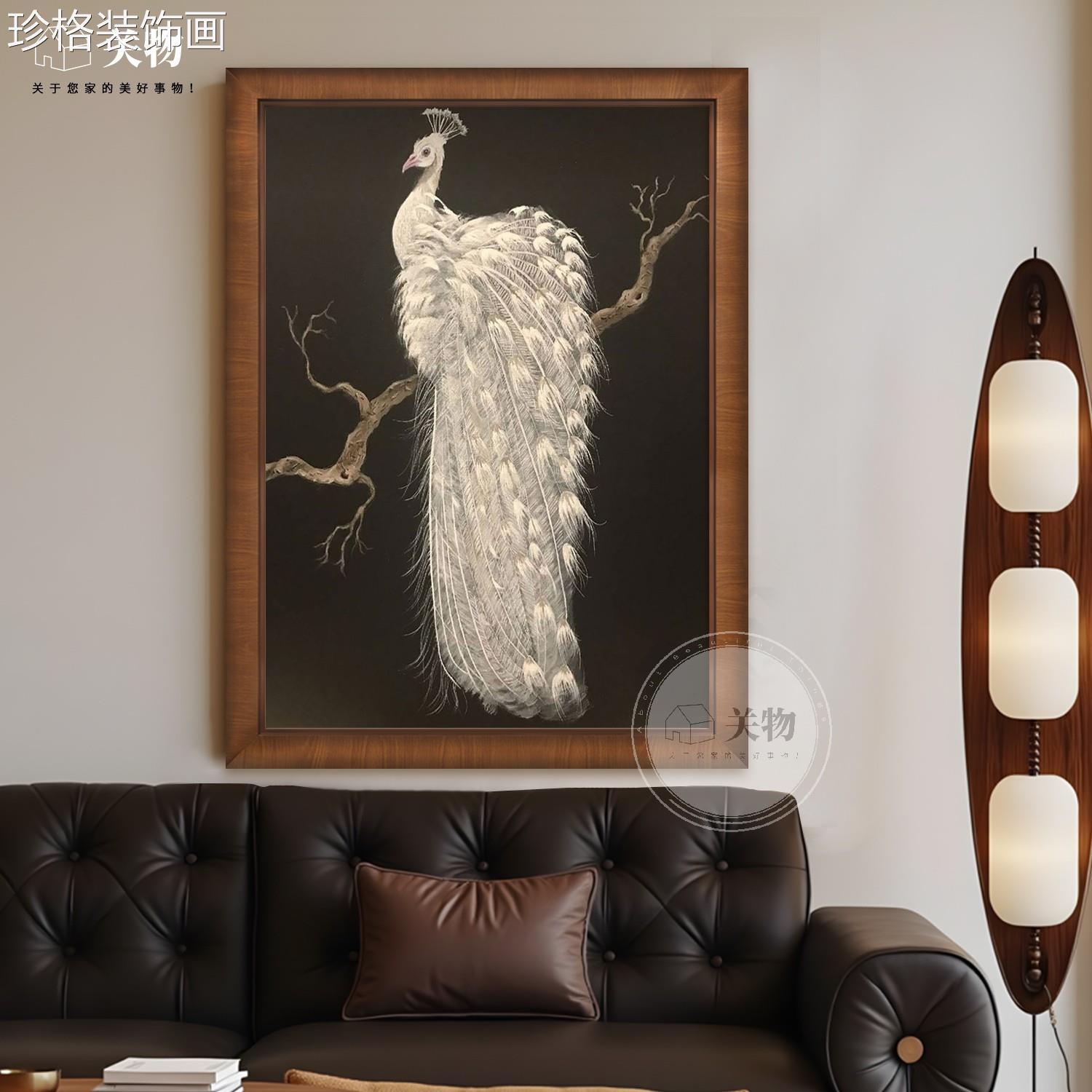 风冰清玉gw33003洁黑白孔雀手油画 画玄关覆古绘白高级感装饰画图片