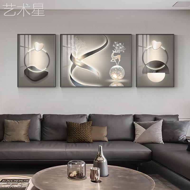 现代简画约客高厅装饰轻奢气三联画档寓意好挂画沙02401213发背景