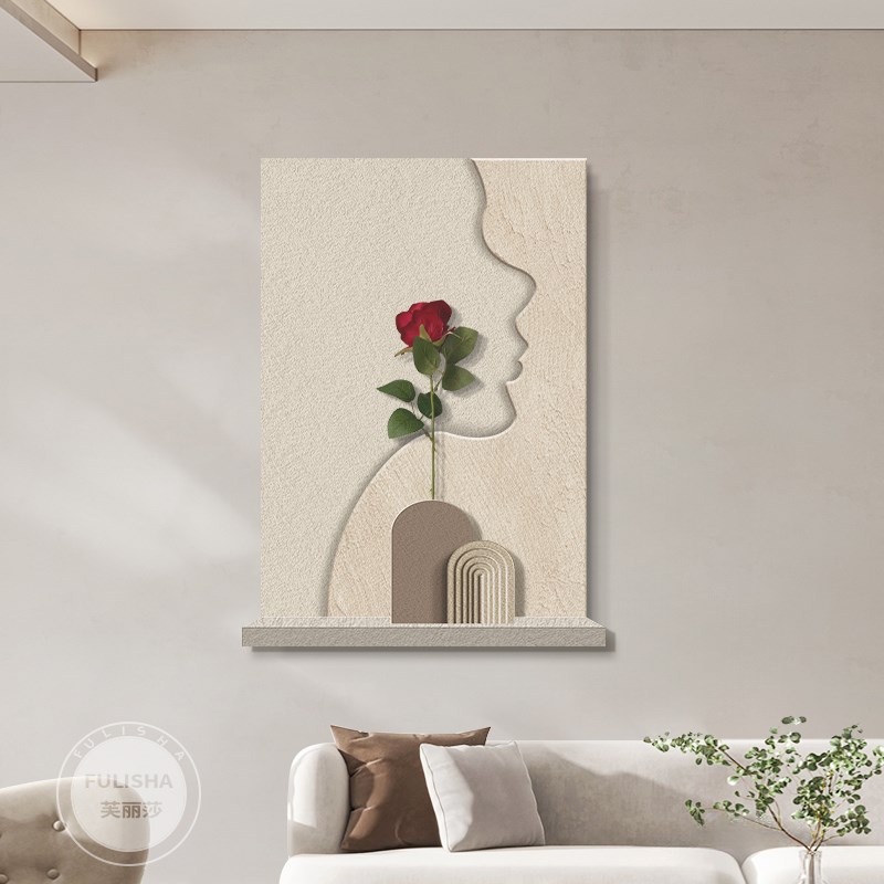 立体砂岩画奶油画客厅高级沙发背景墙装饰画抽象人物玄关挂画壁灯图片