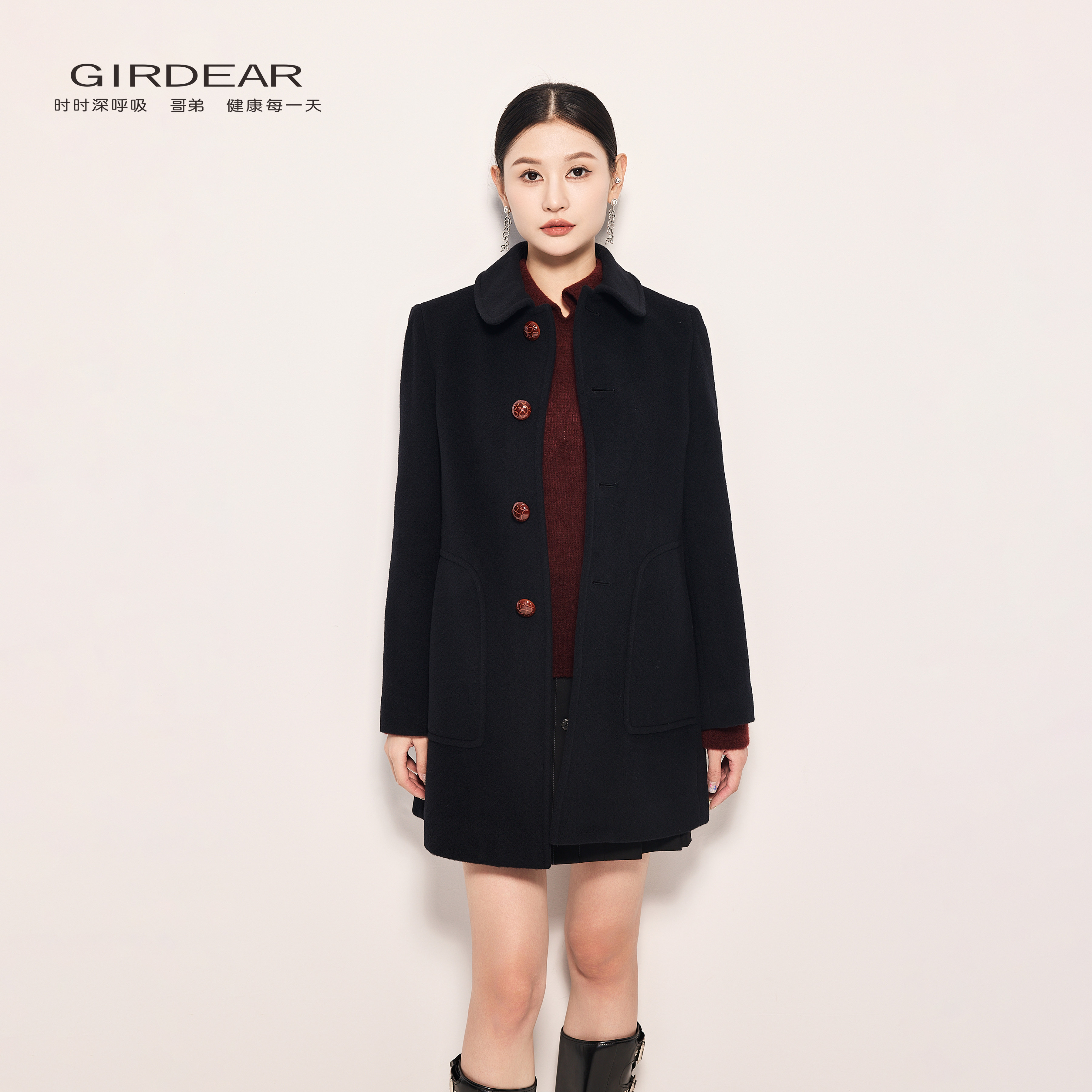 Girdear/哥弟羊毛毛呢外套宽松中长款双面呢大衣商场同款14