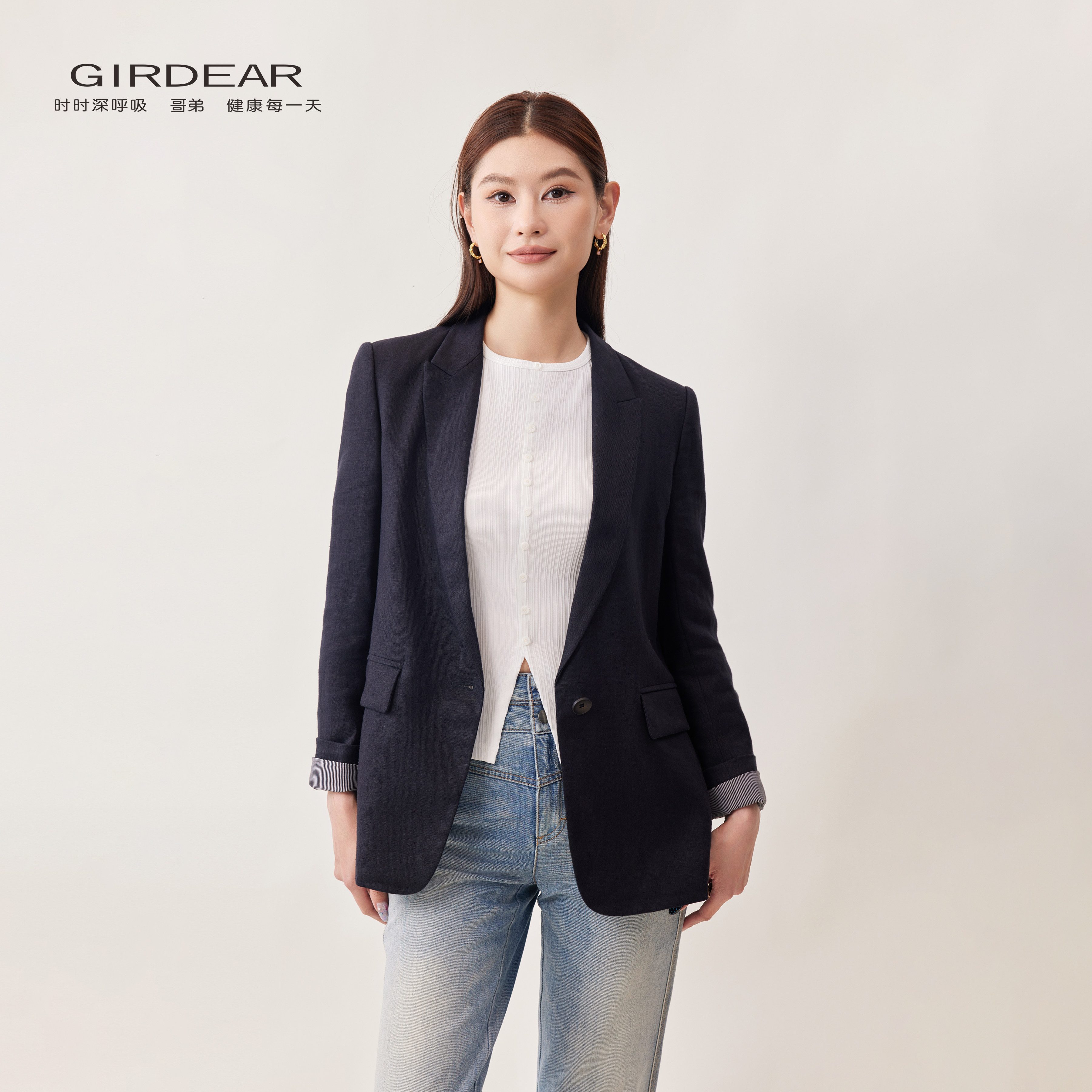 Girdear/哥弟经典简约风高级感【亚麻100%】气质西服外套1400223