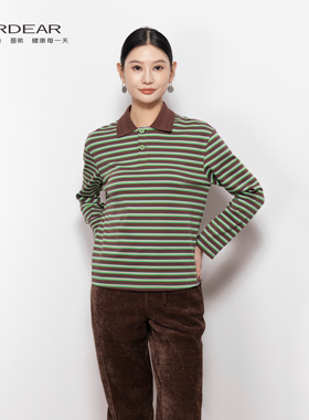 Girdear/哥弟休闲慵懒风百搭经典条纹POLO领长袖T恤1301050-4P149