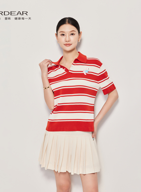 Girdear/哥弟质感简约休闲裤条纹POLO衫女针织短袖通勤薄款138023