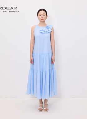 Girdear/哥弟2025夏季女法式层叠荷叶边无袖度假连衣裙150030