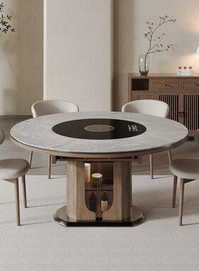 伸缩折叠可古风岩板餐桌圆桌嵌中暖转盘椅家用多功能内菜变小户型