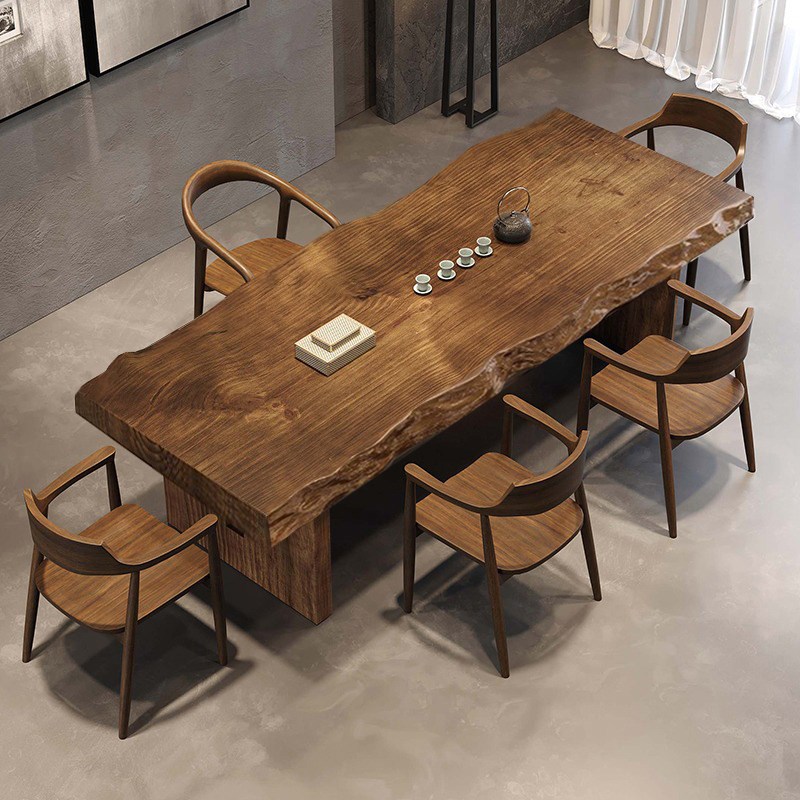整板自然边侘寂风原木大板泡茶桌椅组合泡茶台新中U式实木喝茶桌