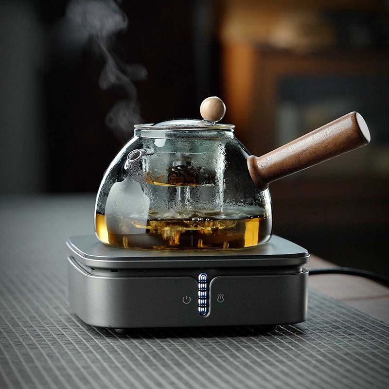 日式玻璃煮茶壶蒸煮一体耐高温加厚实木侧U把壶电陶炉专用