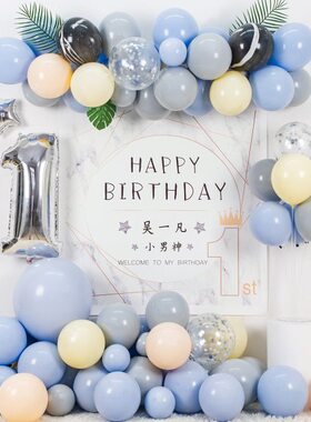 场景蓝色日背景墙周岁生日布置宴装饰儿童男孩子宝宝百一气球天百