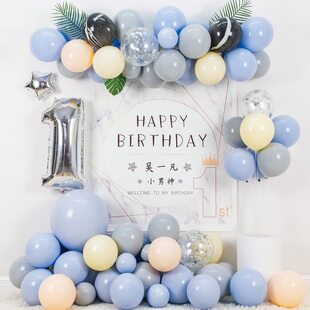 场景蓝色日背景墙周岁生日布置宴装饰儿童男孩子宝宝百一气球天百
