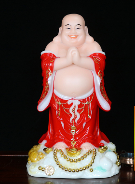 弥勒佛菩萨 汉白玉红衣大肚弥勒佛 神像开业送礼供奉家用佛像摆件