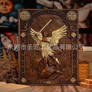 大天使圣米迦勒击败撒旦浮雕牌匾客厅玄关木雕工艺品摆件复古装饰