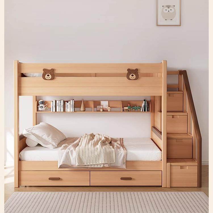 木月实木上下床带书架拖床子母床原木色儿童双层床带抽屉高低床