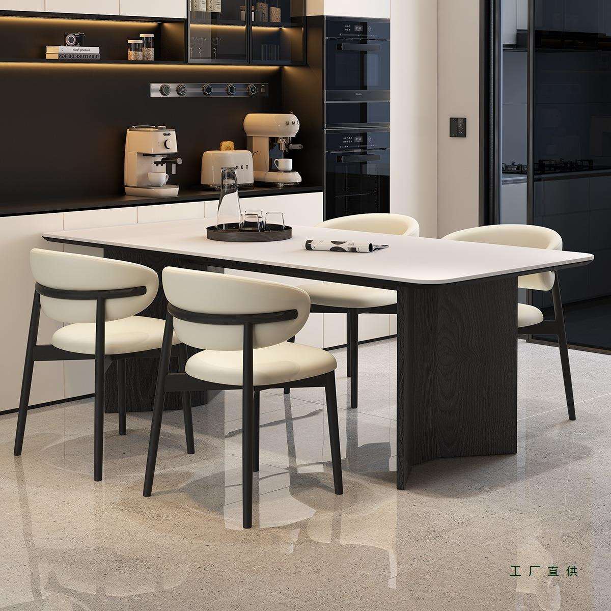 轻奢意式极简小户型长方形家用复古风岩板餐桌椅组合实木吃饭桌子