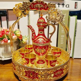 酒店家用金色金属酒壶酒杯宴会用 提篮寒梅葡萄玫瑰花酒具套装