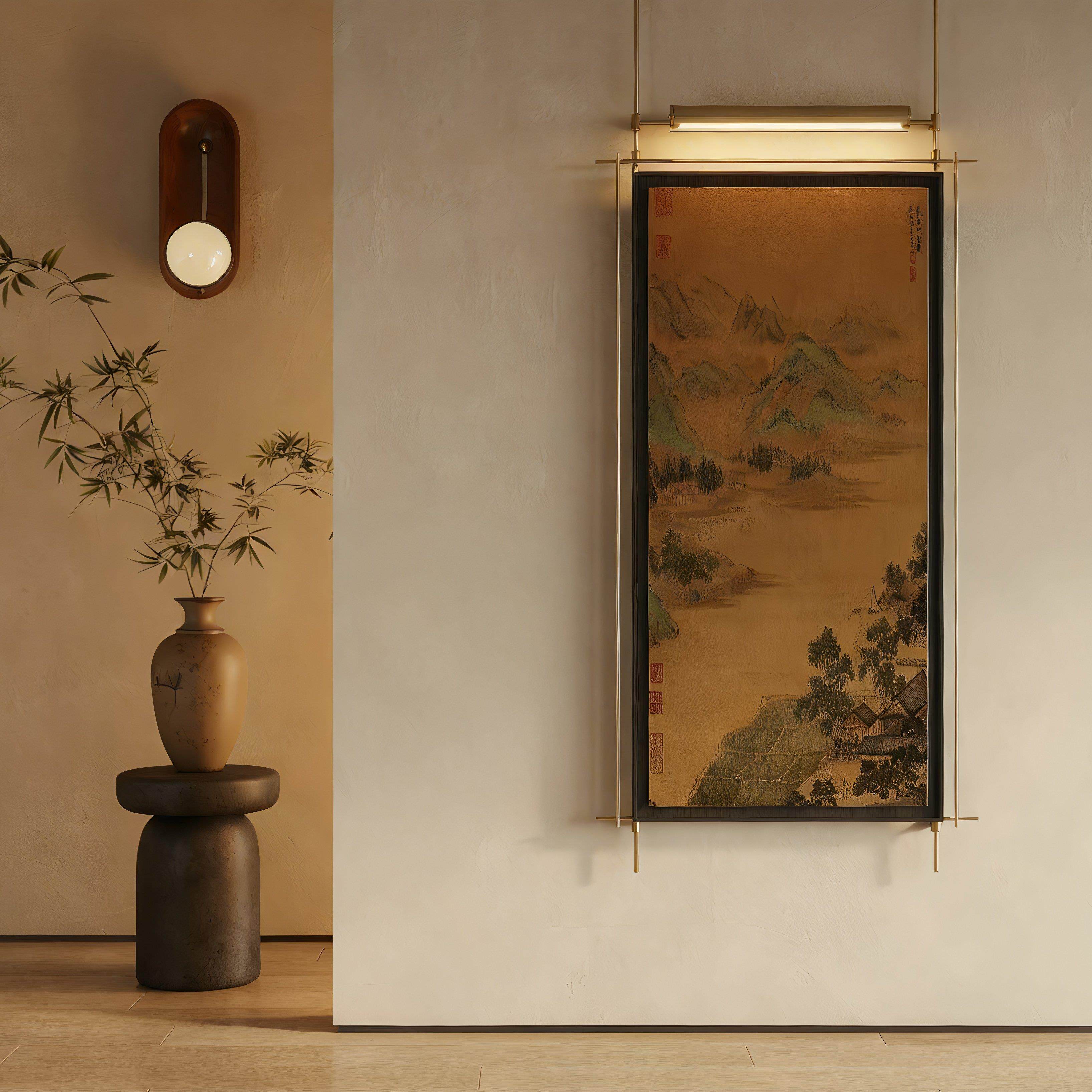新中式山水画客厅装饰画国潮风宋氏美学墙面带灯挂画金属吊杆壁饰