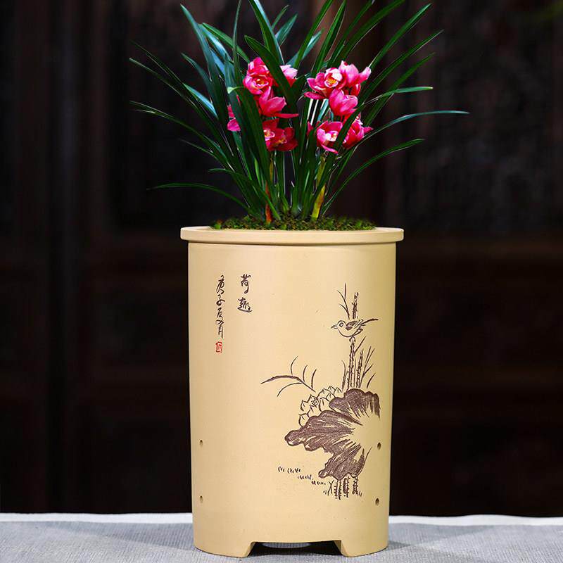 精品紫砂兰壶宜兴高端陶瓷圆口高笔筒兰草带托盘专用壶古典室内