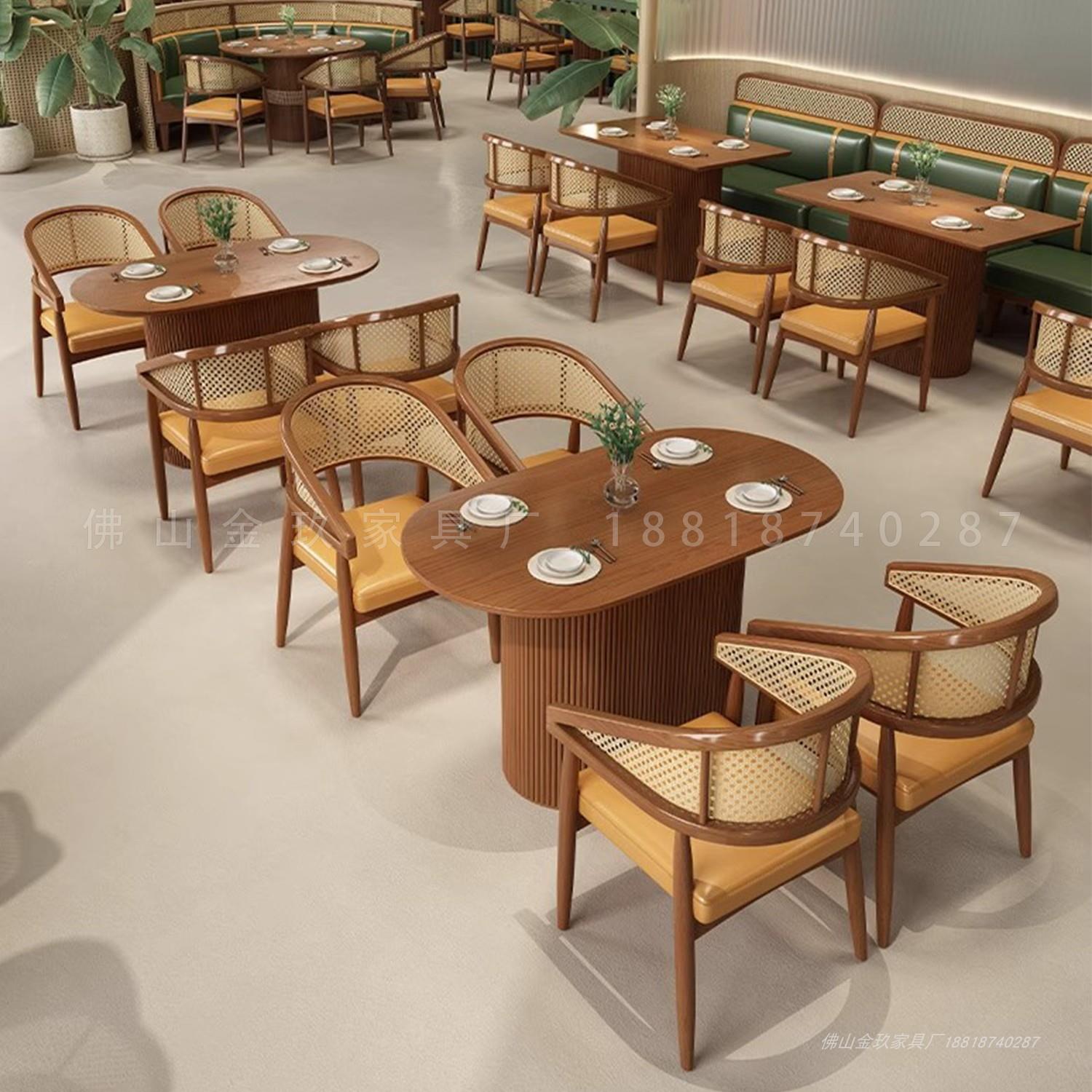 商用饭厅藤编实木餐椅长桌东南亚中式茶楼餐饮咖啡馆饭店桌椅组合