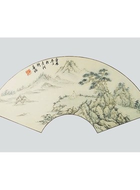 手绘国画装饰扇形山水宣纸卡纸实木框古典中式仿明清挂画合76270