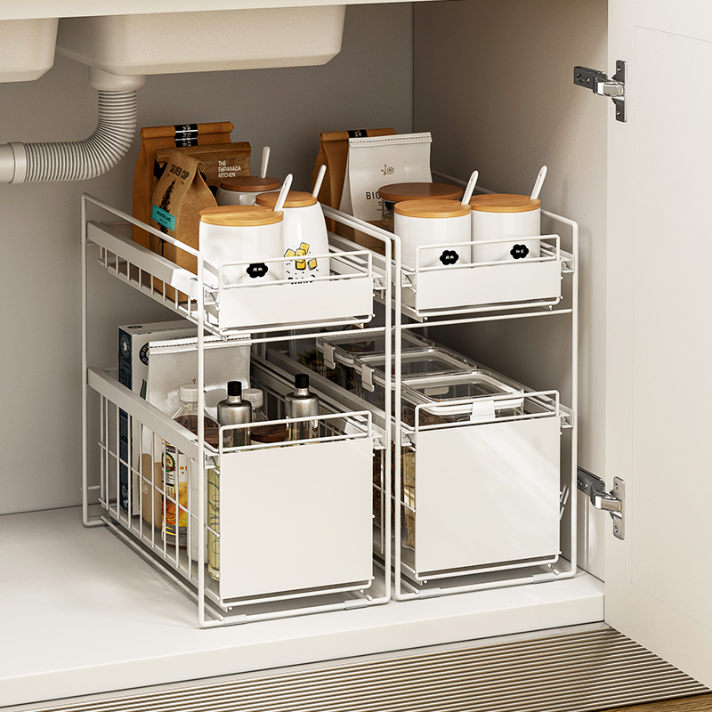 水槽下抽拉式置物架白钢橱柜架子厨房调料多层浴室柜厨柜收纳内置