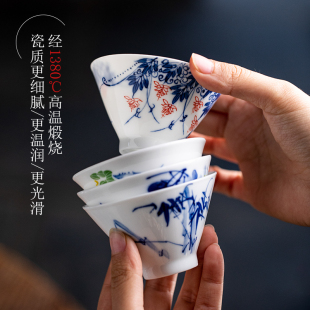 景德镇陶瓷青花瓷功夫茶具茶杯主人杯 手绘斗笠杯 大号白瓷品茗杯