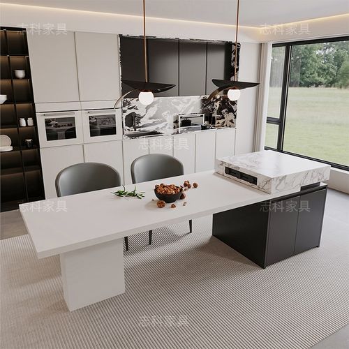 意式极简岩板岛台餐桌一体可伸缩家用小户型高端中岛台餐桌椅组合