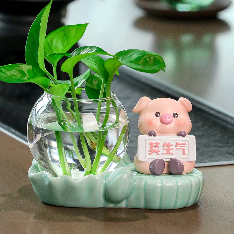 创意趣味莫生气小猪尚卧室插花小摆件I玻璃器皿绿萝水培桌面花瓶