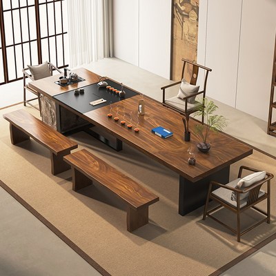 2025新款高端新中式南美胡桃木实木大板泡N茶桌椅组合家用茶台茶