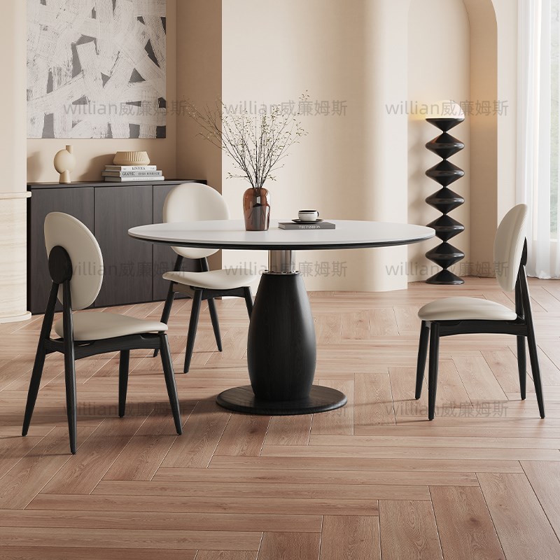 法式中古风实木岩板圆餐桌简约现代1.5米圆桌意式6人圆形实木餐桌