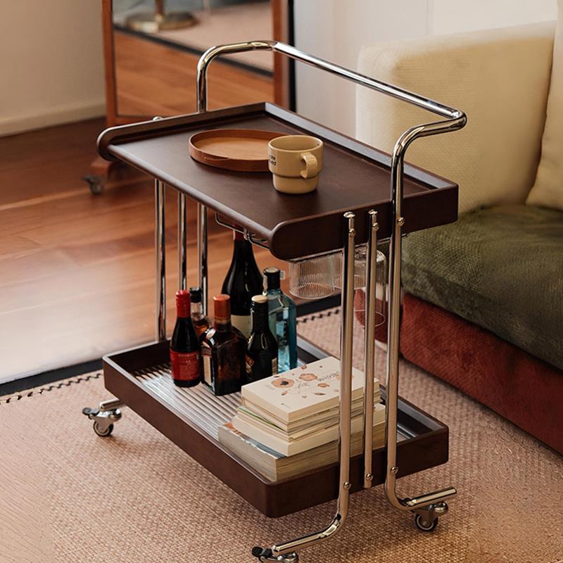 中古实木茶几可移动沙发边几胡桃色复古边客厅小推车床头置物