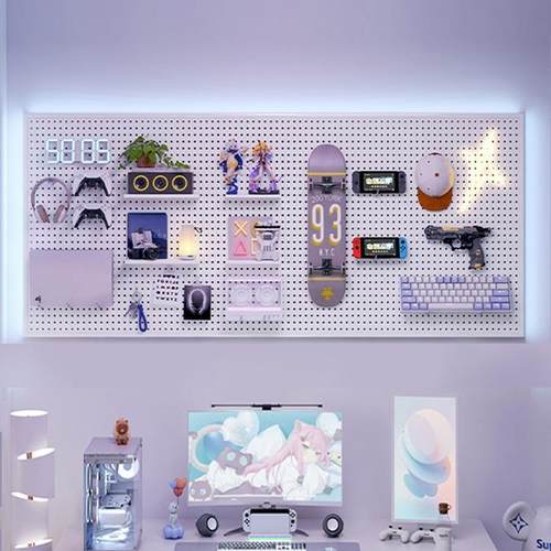 电竞房洞洞板黑色墙上置物架书房上方电脑桌墙面挂板收纳铁艺装饰