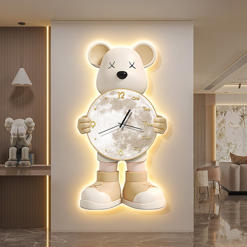 奶油风暴力熊玄关装饰画钟表画灯画入户走廊尽头挂画客厅过道壁画