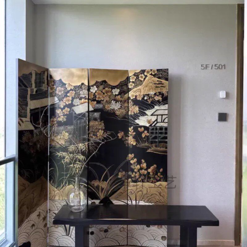 定制黑底屏风折屏手绘漆画屏风隔断玄关客厅卧室移动中式法式复古