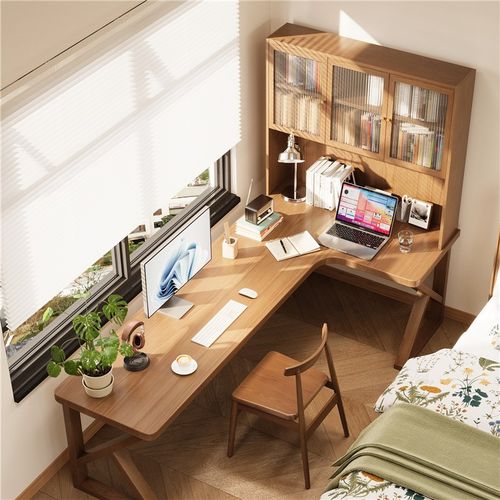 全实木转角书桌书柜一体双人学习桌L型电脑桌办公拐角写字工作台