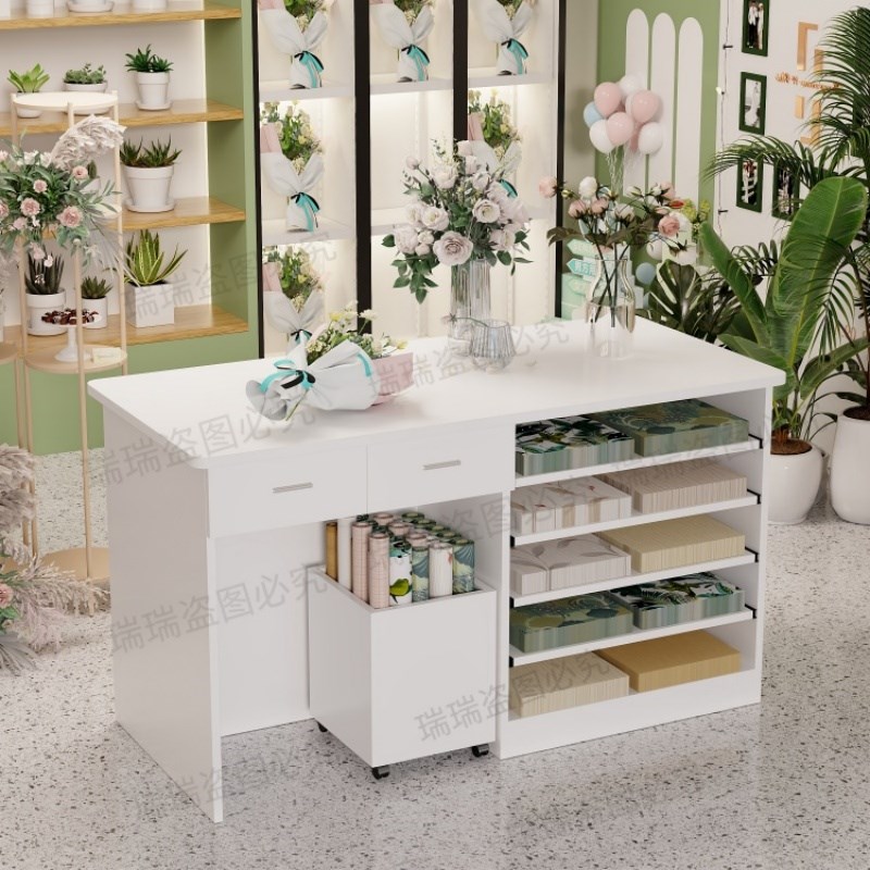 带抽屉双面抽拉式包装纸收纳柜花店花架桌多功能收银台操作插花桌