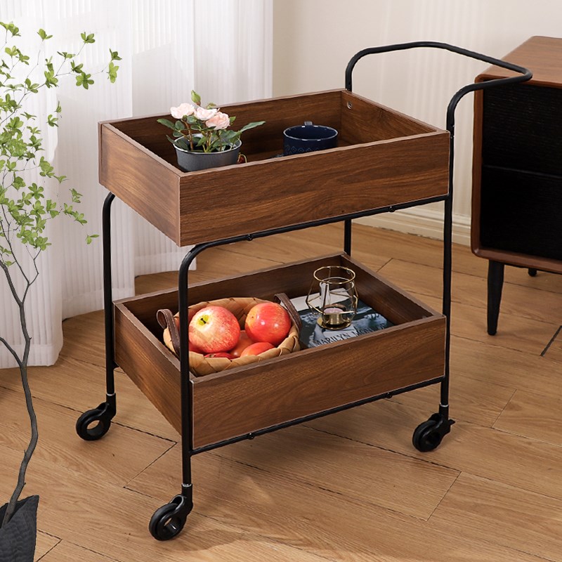 可移动边几小推车中古茶几置物架胡桃木色客厅沙发边柜收纳小餐车