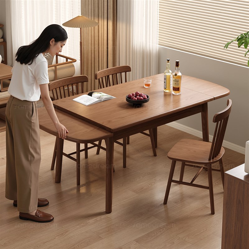 三梦实木餐桌家用小户型桌椅可伸缩长方形饭桌P新款法式可折叠桌